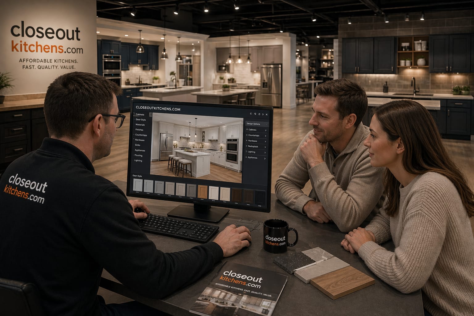 Closeout Kitchens designer reviewing a 3D kitchen layout with a couple inside the Howell, NJ showroom