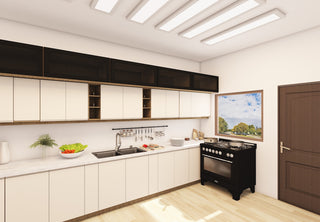 Modern kitchen with white cabinetry and black stove.